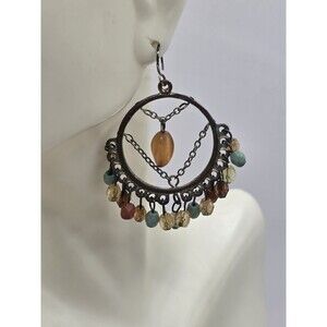 Bohemian Bead Dangle Hoop Earrings w/ Chains 2"